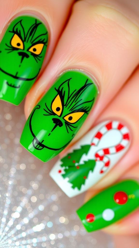 Grinch-themed Christmas nail art with green, red, and white designs, including the Grinch